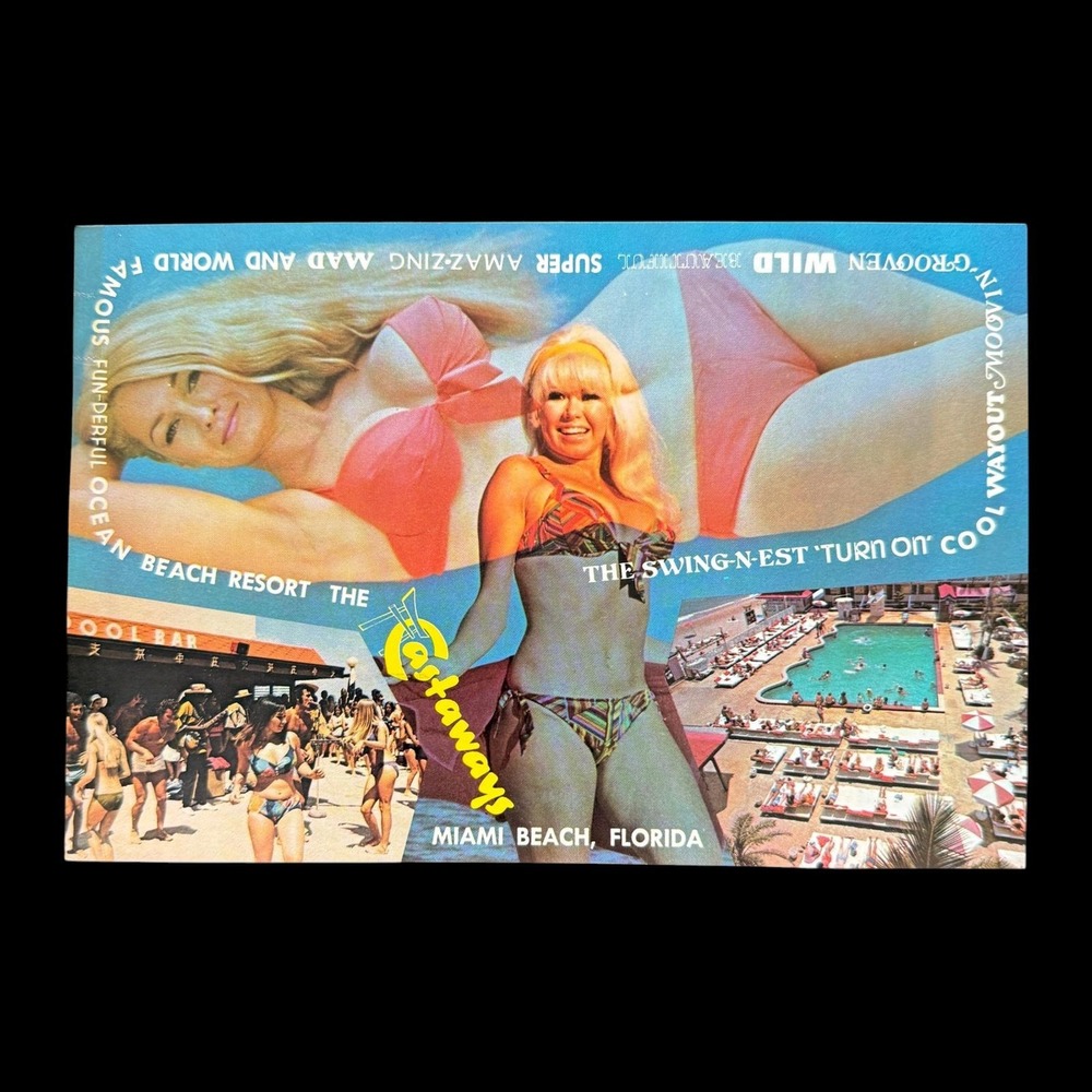 Castaways Resort Motel Postcard 1970s Miami Beach Florida Girl Bikini Pool Beach